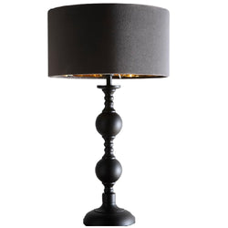 Britalia BRLCHURCHGATE/GRY Black Metal Modern Candlestick Table Lamp with Grey Velvet Drum Shade with Gold Inner