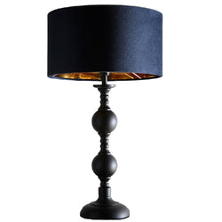 Britalia BRLCHURCHGATE/NAV Black Metal Modern Candlestick Table Lamp with Navy Blue Velvet Drum Shade with Gold Inner