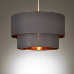 Grey Fabric and Gold Inner 2 Tiered Retro Drum Lampshade