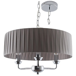 Polished Chrome & Grey Pleated Drum Shade 3 Lamp Pendant Ceiling Light 45cm