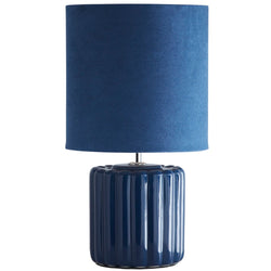 Blue Ribbed Ceramic Vintage Table Lamp with Velvet Drum Shade 33cm