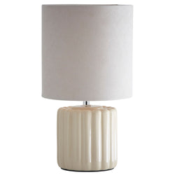 Cream Ribbed Ceramic Vintage Table Lamp with Velvet Drum Shade 33cm