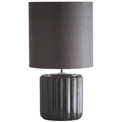 Grey Ribbed Ceramic Vintage Table Lamp with Velvet Drum Shade 33cm